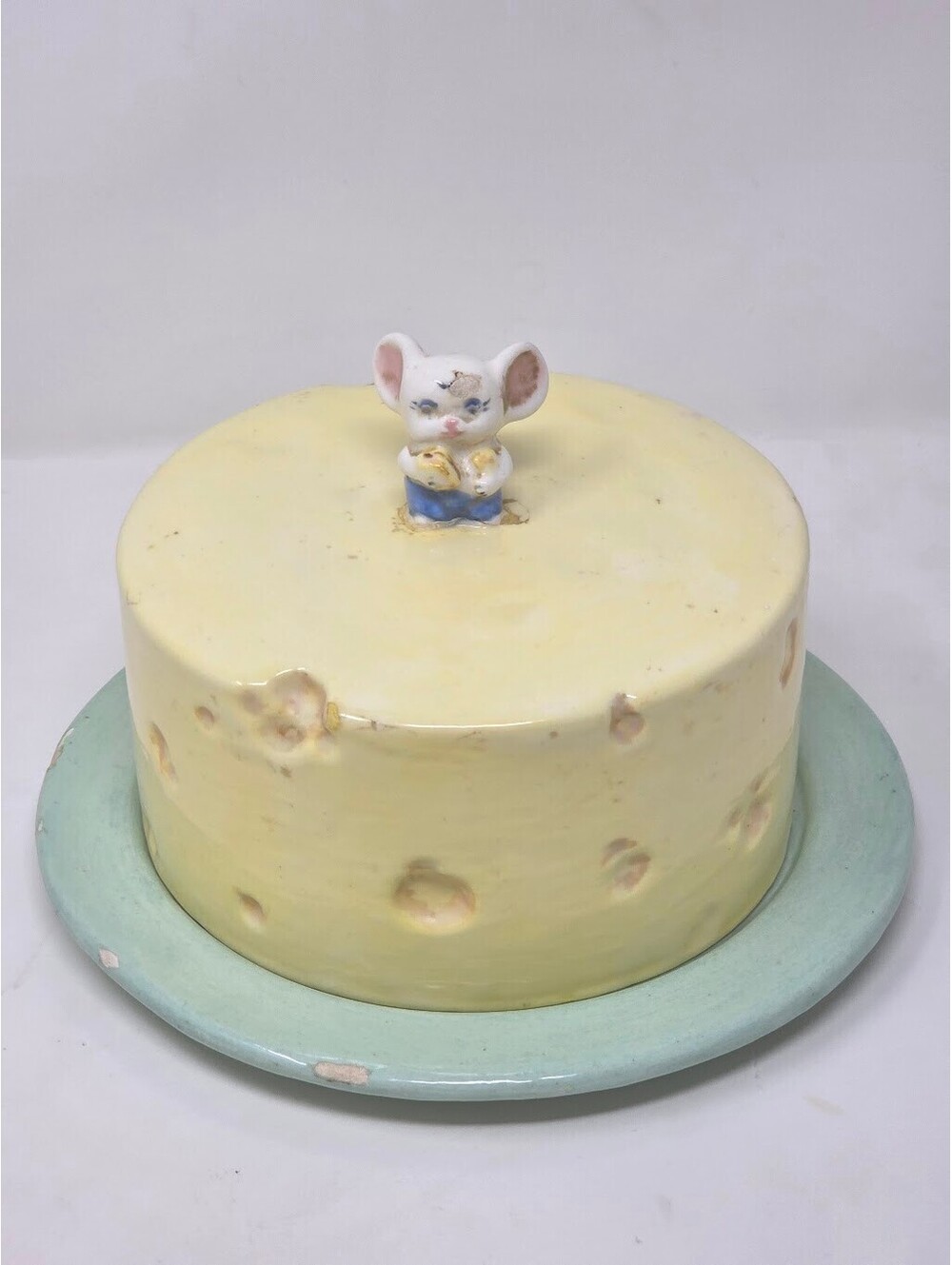 Vintage Ceramic Pottery Mouse On Yellow Cheese Covered Cheese Plate Signed